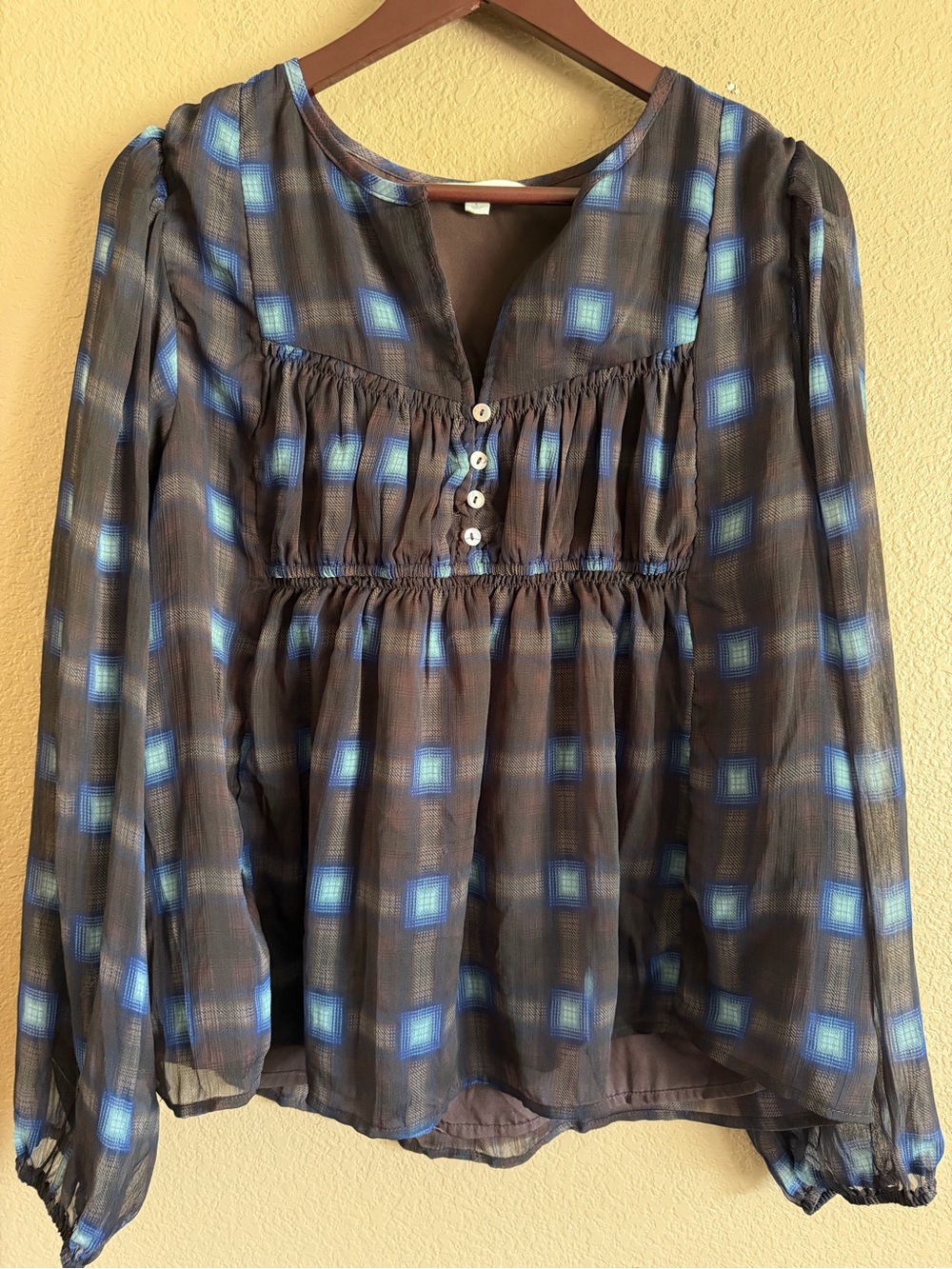 Lucky Brand Brown Sheer Peasant Blouse with Blue Plaid Accents Size Large